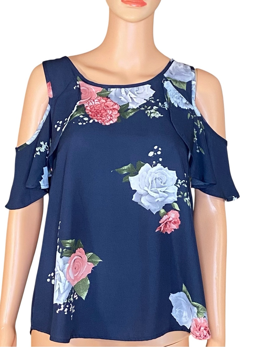 Live 4 Truth Navy Sleeveless Top Pink White Rose Print Soft Ruffle Detail SZ L